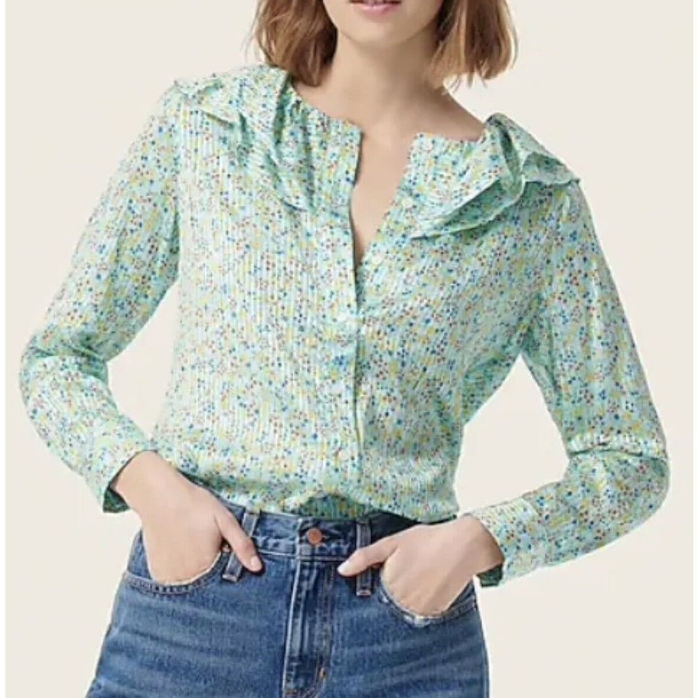 J.CREW Ruffle Blouse Top Small Field Day Shirt Dainty Floral Pink Gold AW869 NWT - Picture 6 of 10